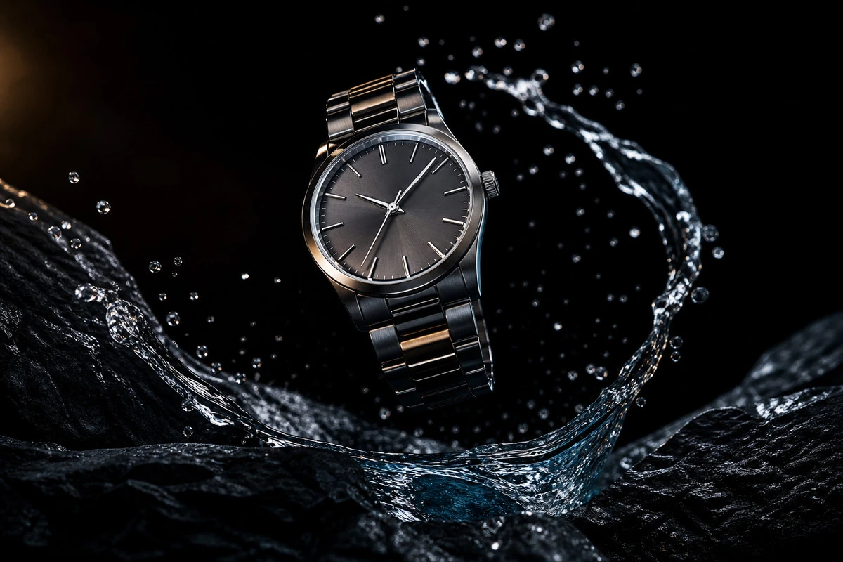 Finished commercial cover featuring a high-speed watch-and-water-splash shot