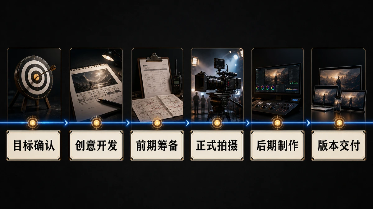 TVC广告片从目标确认到版本交付的制作周期流程图
