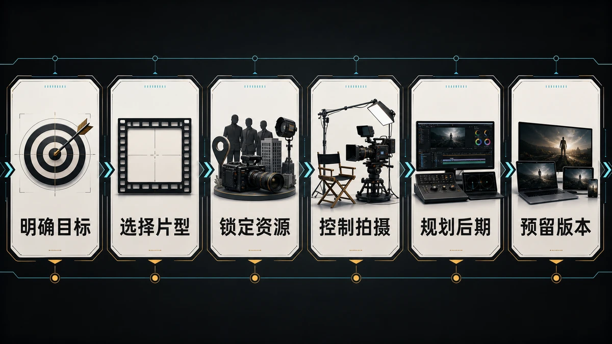 Six-step advertising production budget decision flow from objectives to version delivery