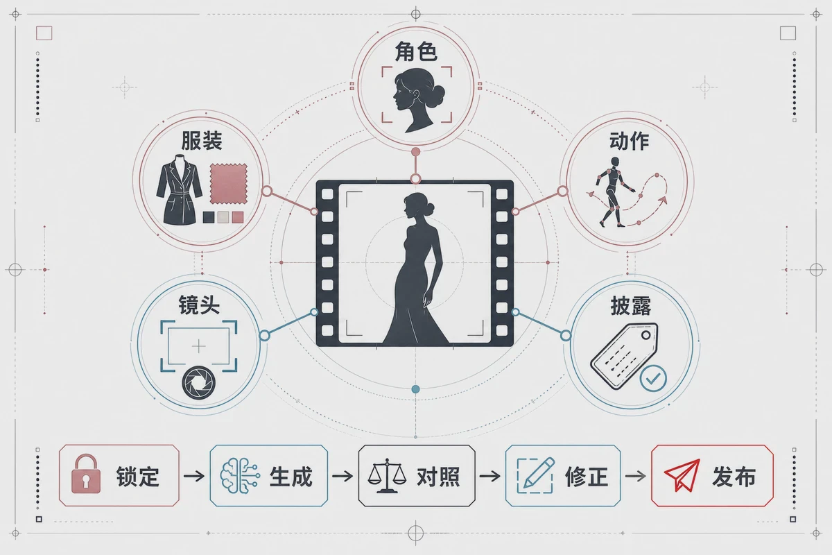 Continuity control board for the character, clothing, action, shots, and disclosure in an AI product-model video