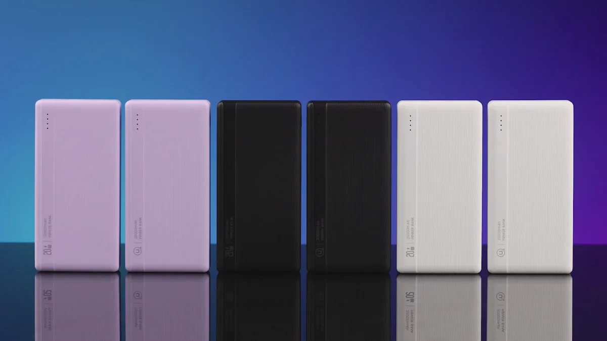 Key frame showing the USAMS slim power bank with port details in a real usage context