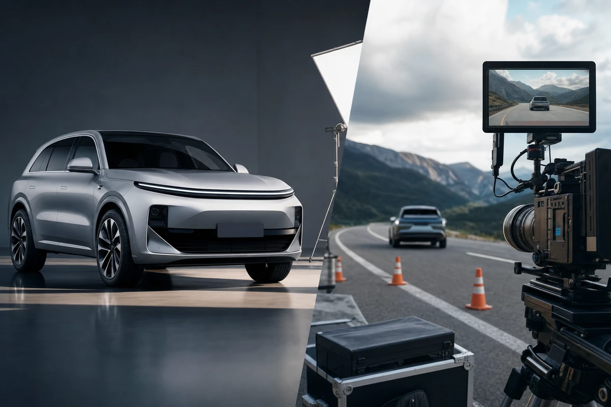 Road shooting and studio feature evidence planning scenes for automotive product video