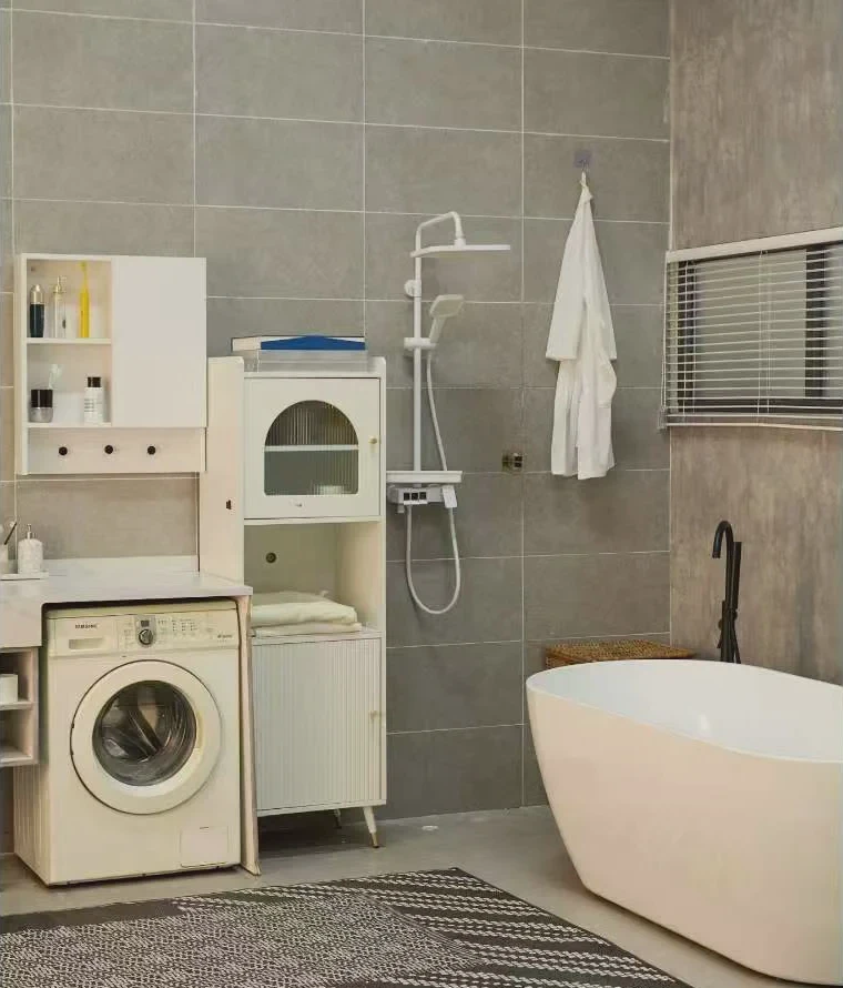 Contemporary bathroom combining a bath, shower and laundry area