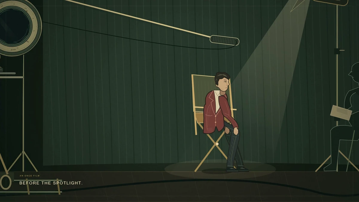 原创手绘风品牌动画中的采访布景、吊杆话筒和人物