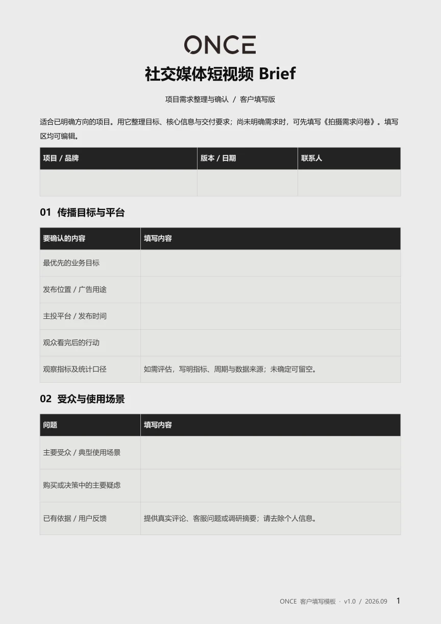 社交媒体短视频 Brief的实际文件页面