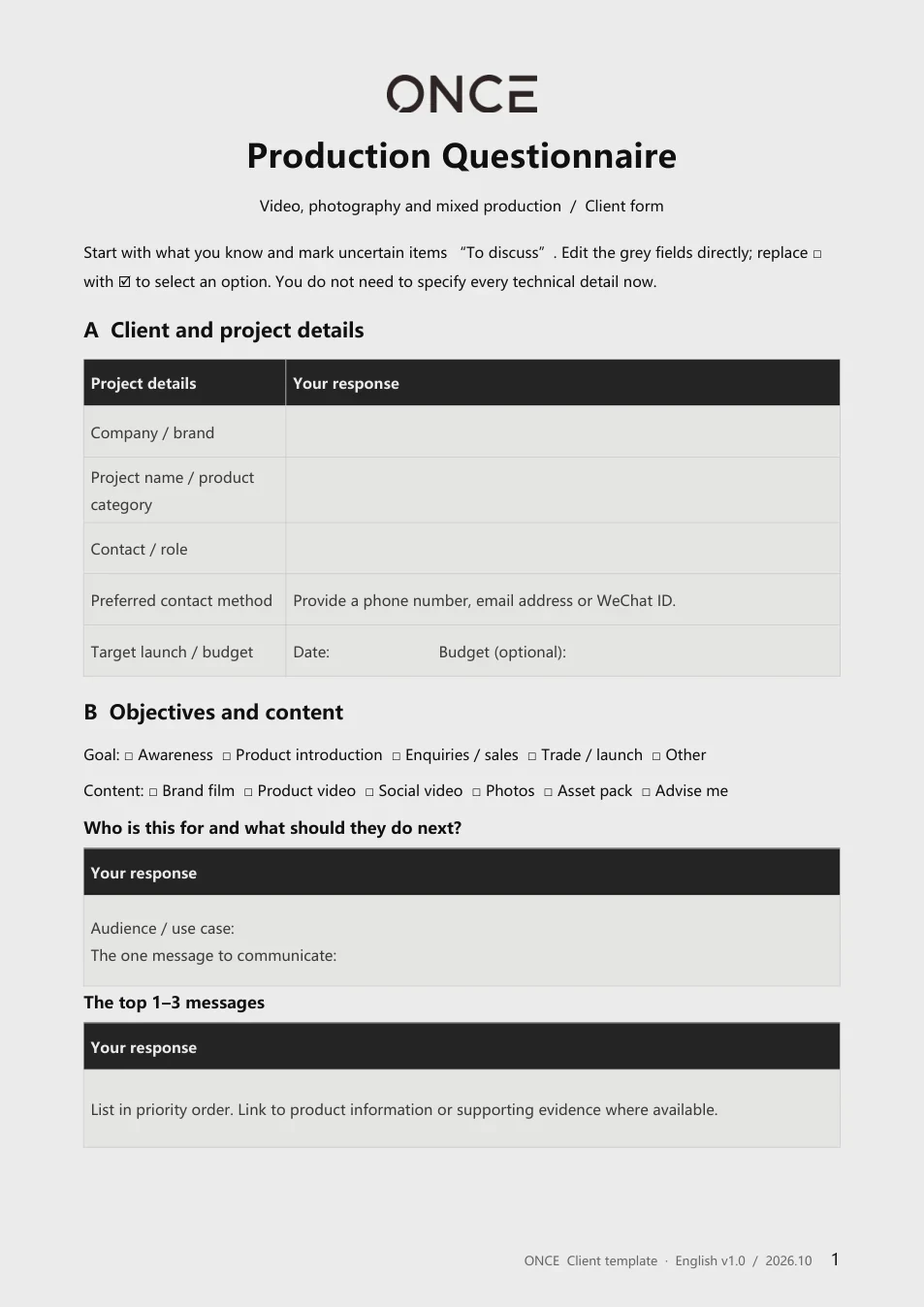 Production Questionnaire cover and response fields
